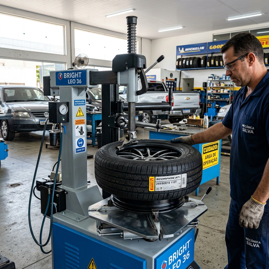 Máquina moderna montando pneu sem danificar a roda